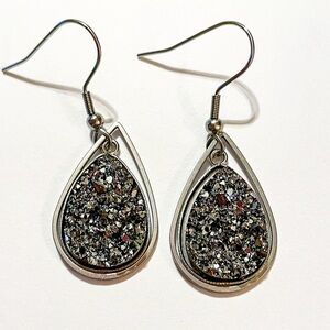 Silver Druzy Teardrop Dangle Earrings
